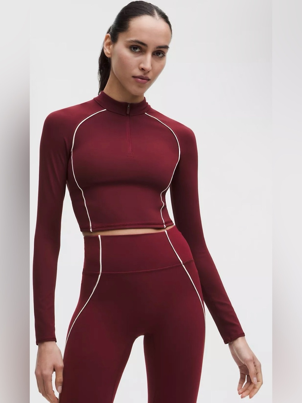 NWT Lululemon Wunder Train Crop Long Sleeve Half Zip Burgundy Bay light ivory